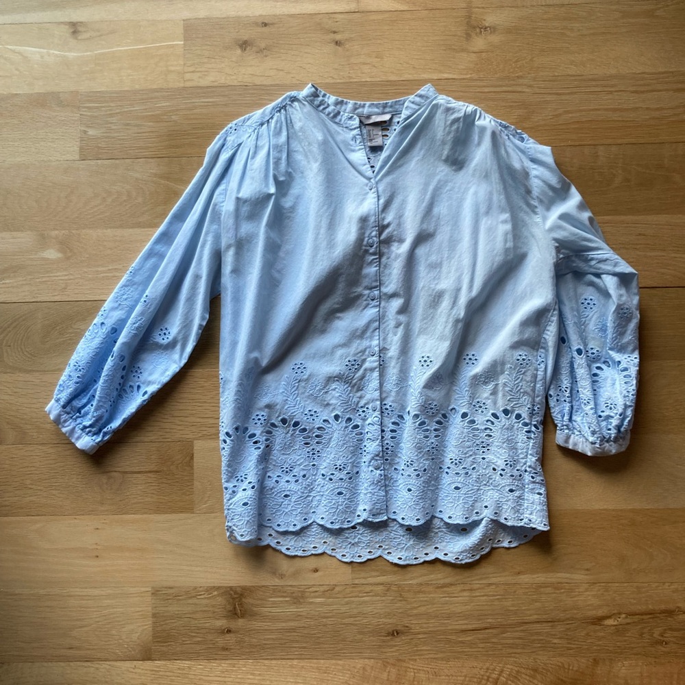 H&M Eyelet Floral Button Down Blouse Size 4 Baby Blue